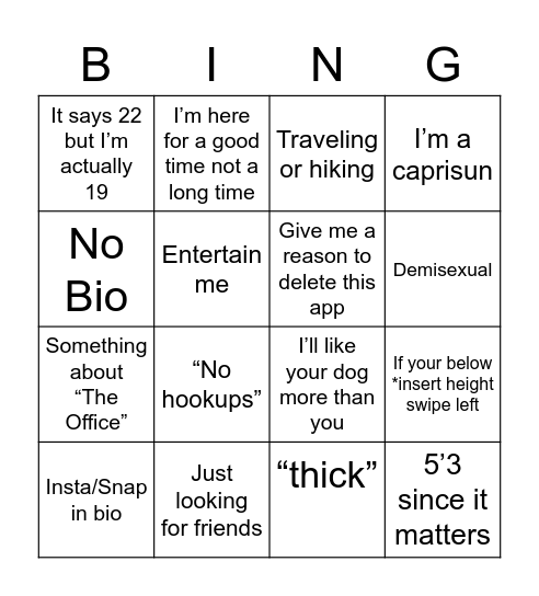 Women’s Tinder account bingo Card
