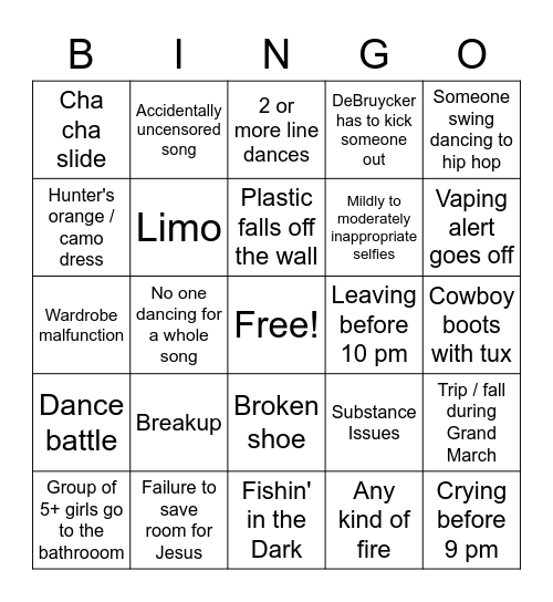 Prom 2022 Bingo Card