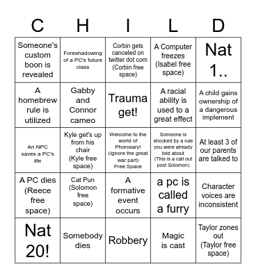 Session 0: Starring a bunch of Literal infants! Bingo Card