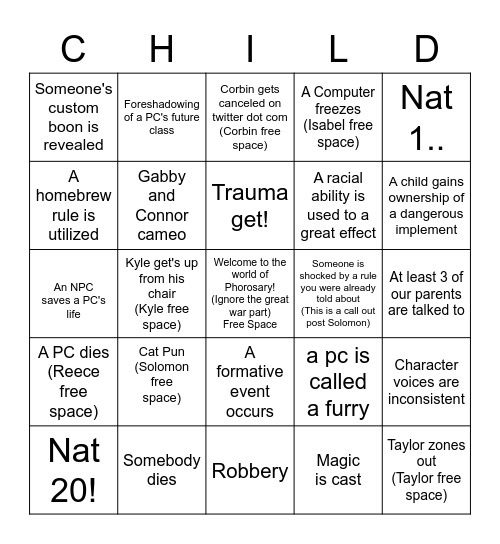 Session 0: Starring a bunch of Literal infants! Bingo Card