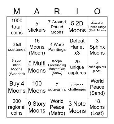 Super Mario Odyssey Bingo Card