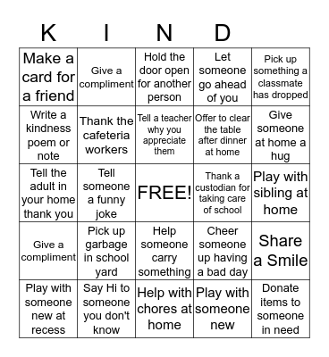 Random Acts of KINDNESS BINGO Card