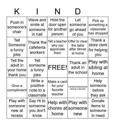 Random Acts of KINDNESS BINGO Card
