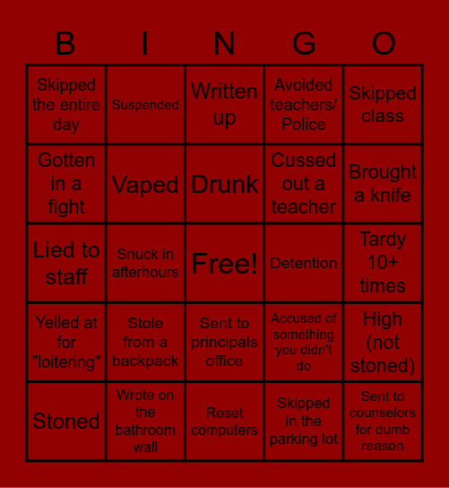 Troubled highschooler Bingo Card