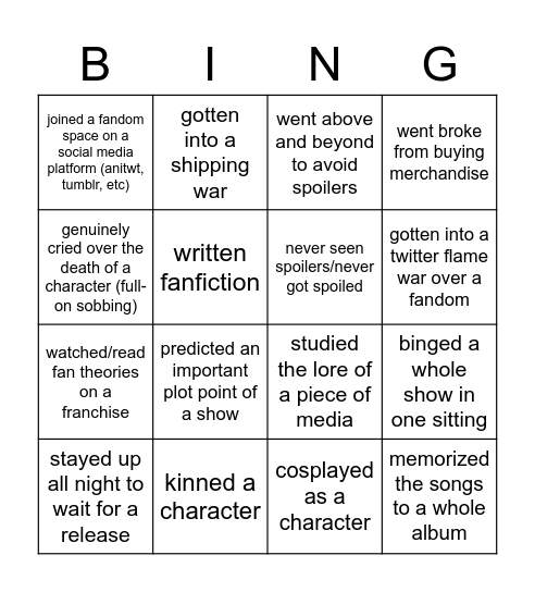 EscapePod: Fandom/Pop Culture Set Bingo Card