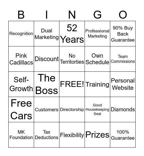 Mary Kay Businss Bingo Card