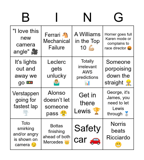F1 2022 Bahrain Race Day Bingo Card