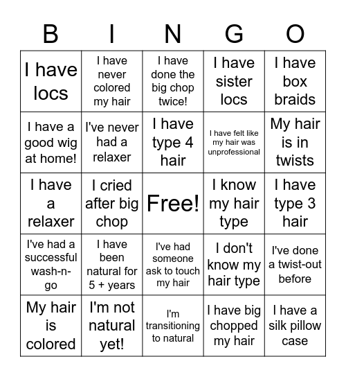 Natural Hair Bingo Card