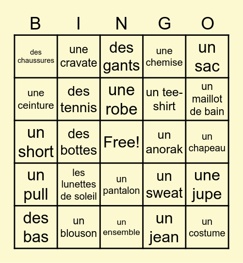 Les Vêtements Bingo Card