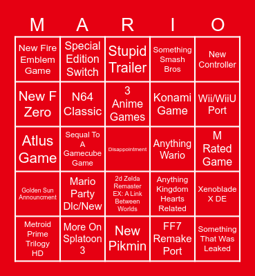 Next Nintendo Direct Bingo Card