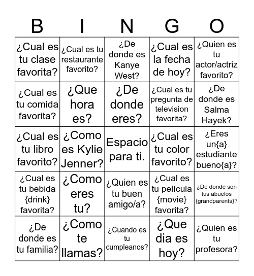 Preguntas con Ser {to be} Bingo Card
