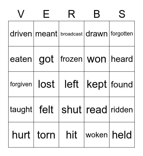 Past Participles Bingo Card