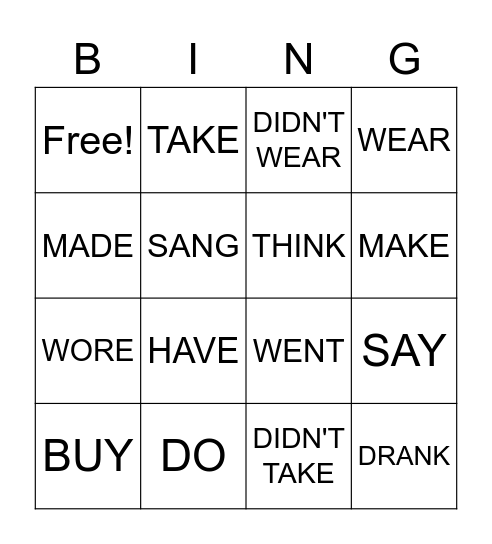 PRESENT AND PAST SIMPLE Bingo Card