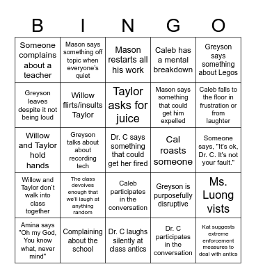 Em's 2022 Senior Project Bingo Card