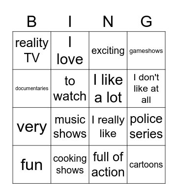 Favourite programmes Bingo Card