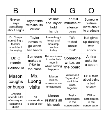 Caleb's 2022 Senior Project Bingo Card