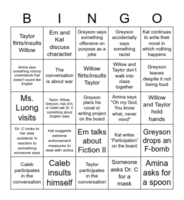 Mason's 2022 Senior Project Bingo Card