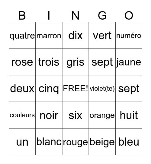 numbers 1-10 and colors Bingo Card