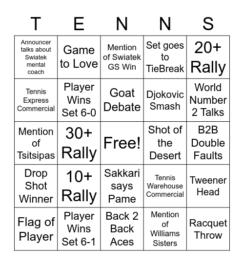 Tweener Head Tennis Bingo Card