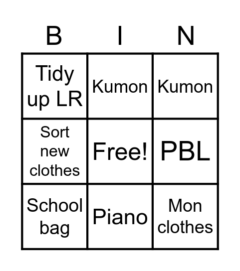 Sunday afternoon Bingo Card