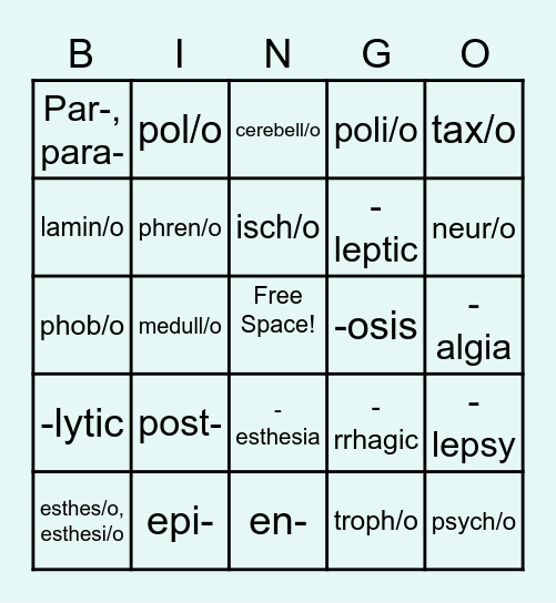 Nervous System Word Part Bingo Card