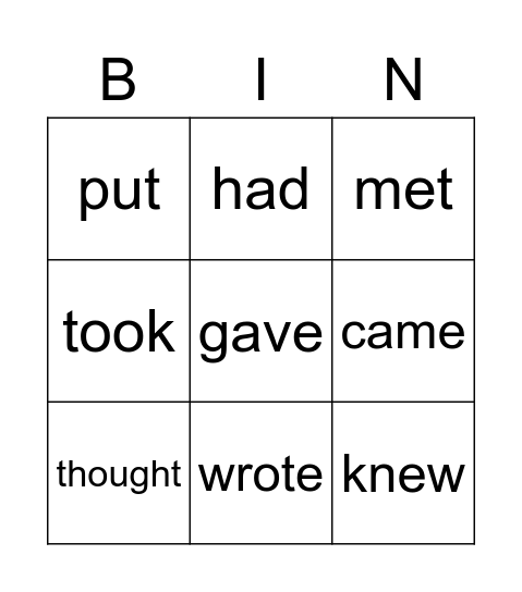 Past Simple: irregular Bingo Card