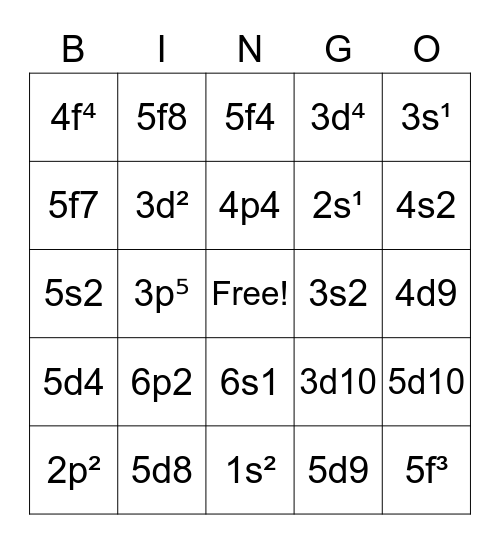 Electron Configuration Bingo (H) Bingo Card