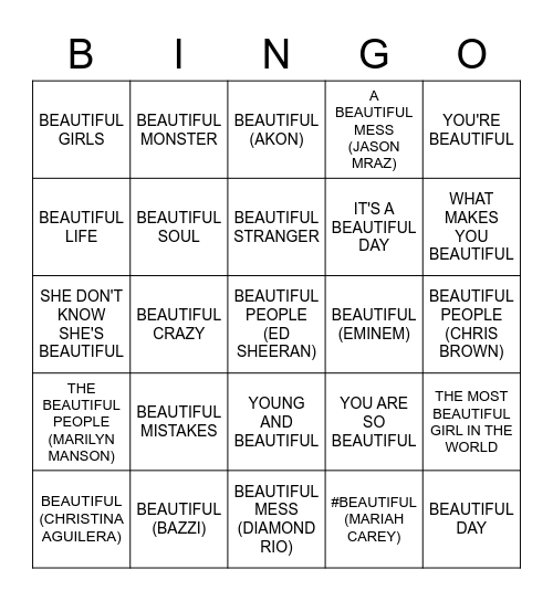BEAUTIFUL Bingo Card