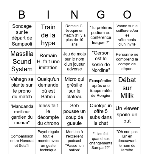 Le Bingo des soirées match du Phocéen Bingo Card
