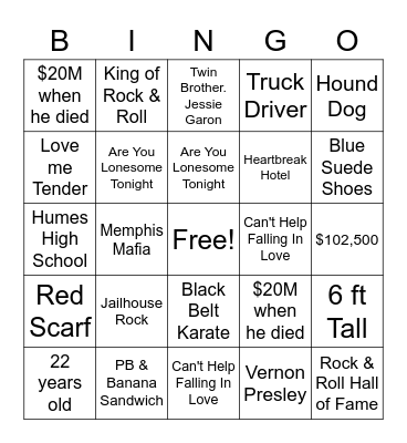 Elvis Loves Karen Bingo Card
