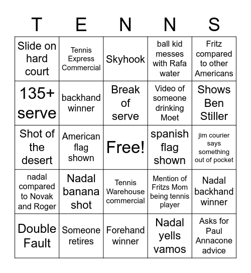 Mens Tennis Final IW Bingo Card