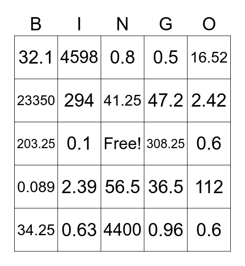 Division Bingo Card