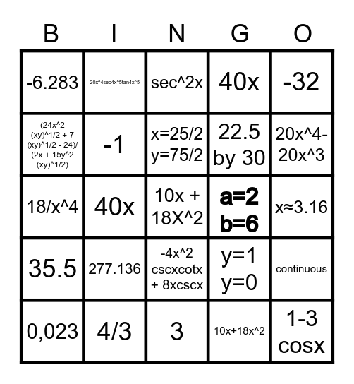 CALCULUS BINGO Card