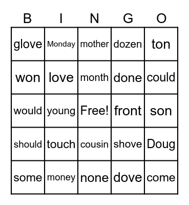 Short /u/ words spelled 'o', 'o_e', and 'ou' Bingo Card
