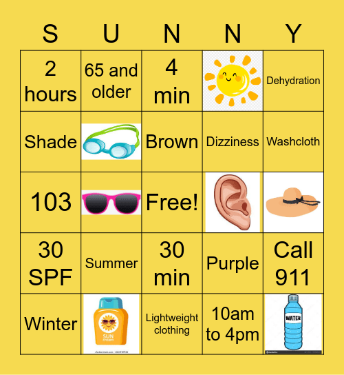 Sun Protection Bingo Card