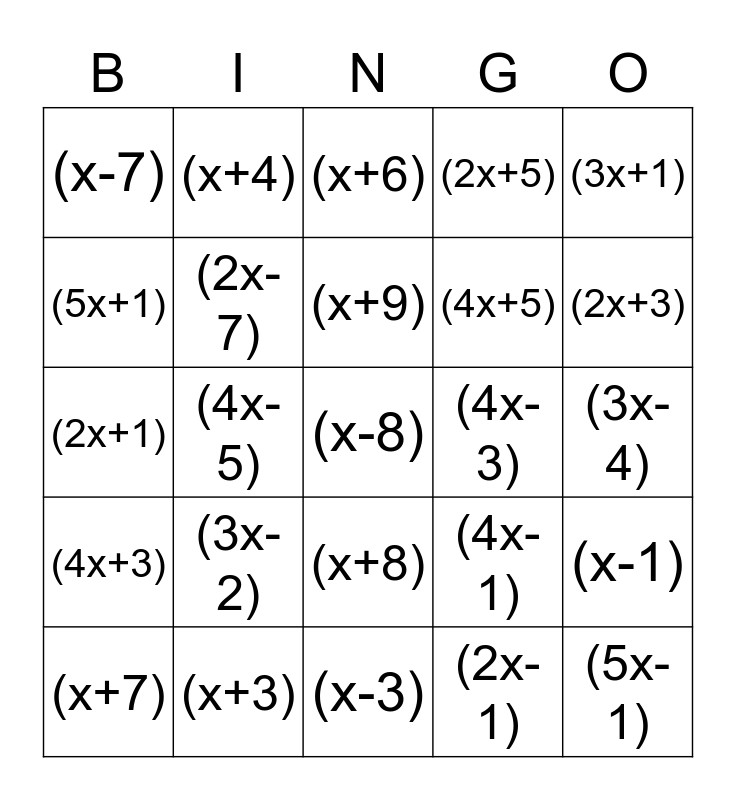 Factoring Quadratics Bingo Card