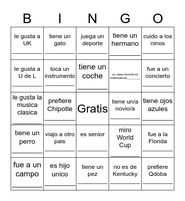 Para Conocer a la Clase! Bingo Card