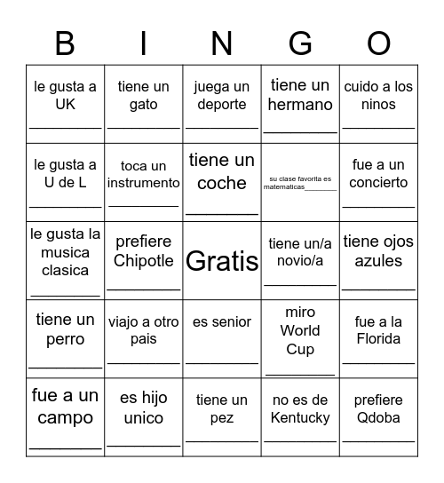 Para Conocer a la Clase! Bingo Card