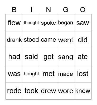 Irregular verbs Bingo Card
