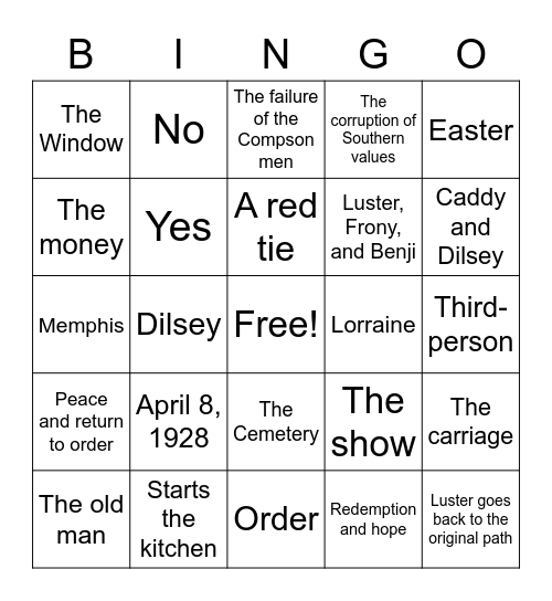 The Sound and The Fury Bingo Card