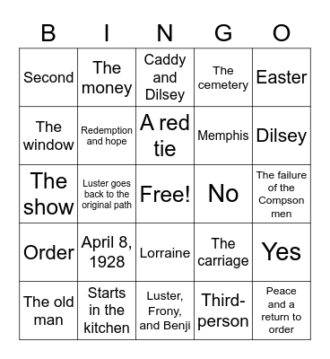 The Sound and The Fury Bingo Card