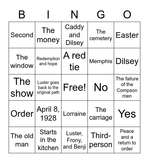 The Sound and The Fury Bingo Card