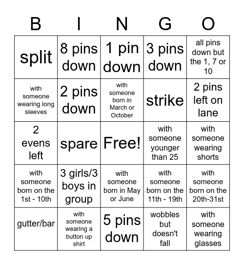 Bowling Bingo Card