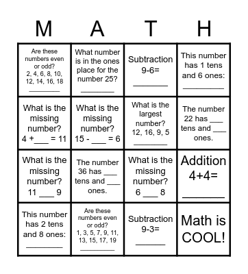 Level 1 Math Review Bingo Card