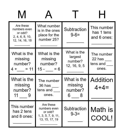 Level 1 Math Review Bingo Card