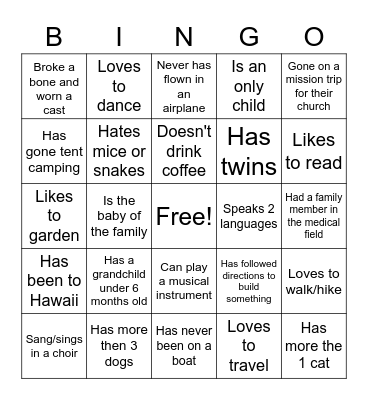 Getting to know you.... Bingo Card