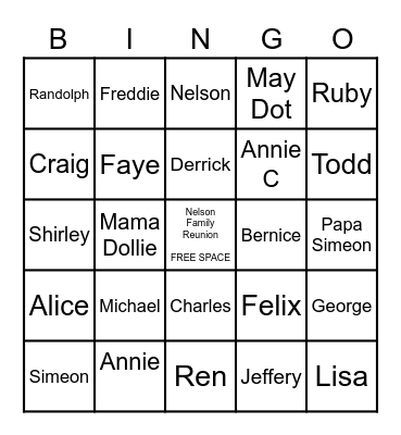 Nelson Family Reunion Bingo Card