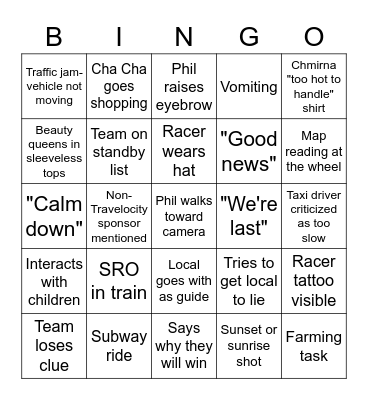 Amazing Race All Stars Bingo Card