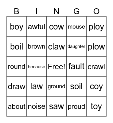 Dipthongs Bingo (au,aw,oi,oy,ou,ow) Bingo Card