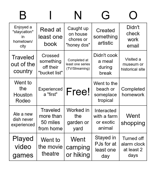 Spring Break Share Out Bingo Card